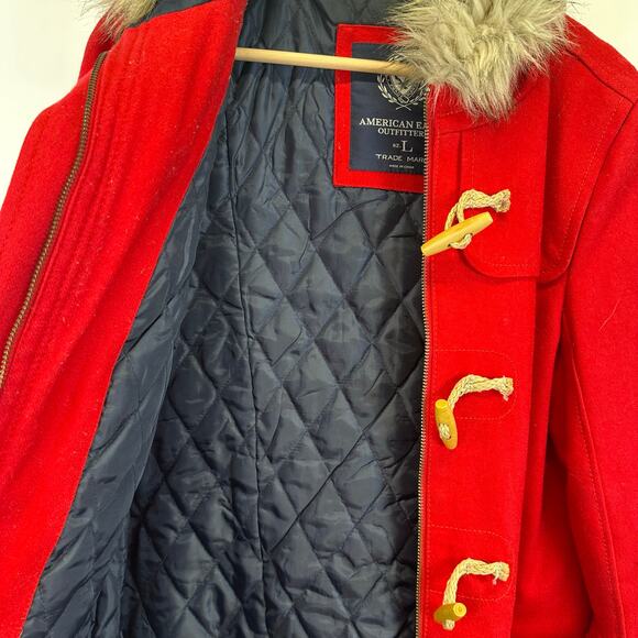 American Eagle Wool Blend Red Fur Hood Toggle Button Pea Coat Womens Large - Picture 6 of 16